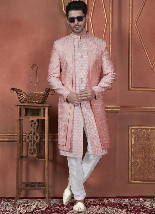 Silk Pink Wedding Wear Computer Thread Readymade Sherwani Set